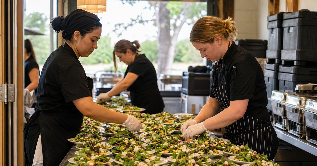 Catering team plating dozens of identical salad plates on long stainless tables in a prep kitchen before an outdoor wedding, chafing dishes and insulated transport boxes stacked nearby