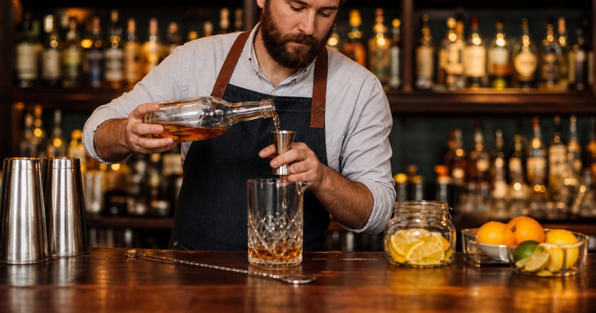 Bartender measuring spirits with a jigger into a mixing glass behind a polished wood bar, rows of backlit bottles, citrus wedges and a bar spoon on the counter, warm evening lighting