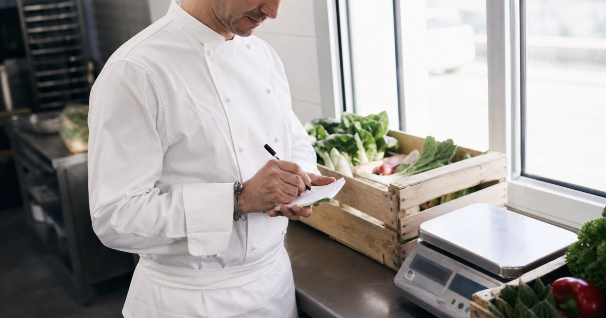 Chef in whites writing on a small notepad at a stainless prep counter beside a crate of fresh market vegetables and a digital scale, morning light through a kitchen window