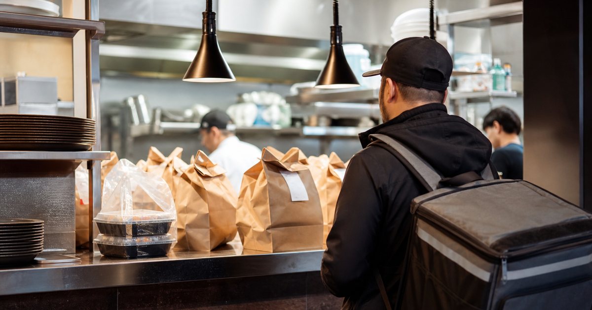 Restaurant kitchen pass with sealed takeout containers in paper bags waiting for pickup, a delivery courier with an insulated backpack at the counter, bright commercial kitchen lighting