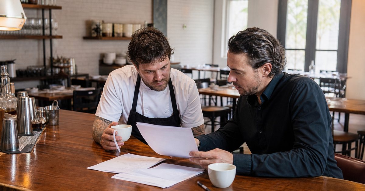 Restaurant owner and head chef reviewing printed sales sheets at a wooden bar counter in an empty dining room during the afternoon, coffee cups and a pen nearby, soft window light