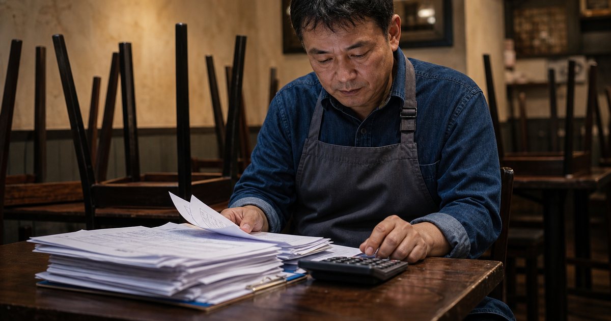 Small neighborhood restaurant owner at a corner table after closing with a calculator and a stack of supplier invoices and time sheets, chairs stacked on tables in the background, warm lamp light