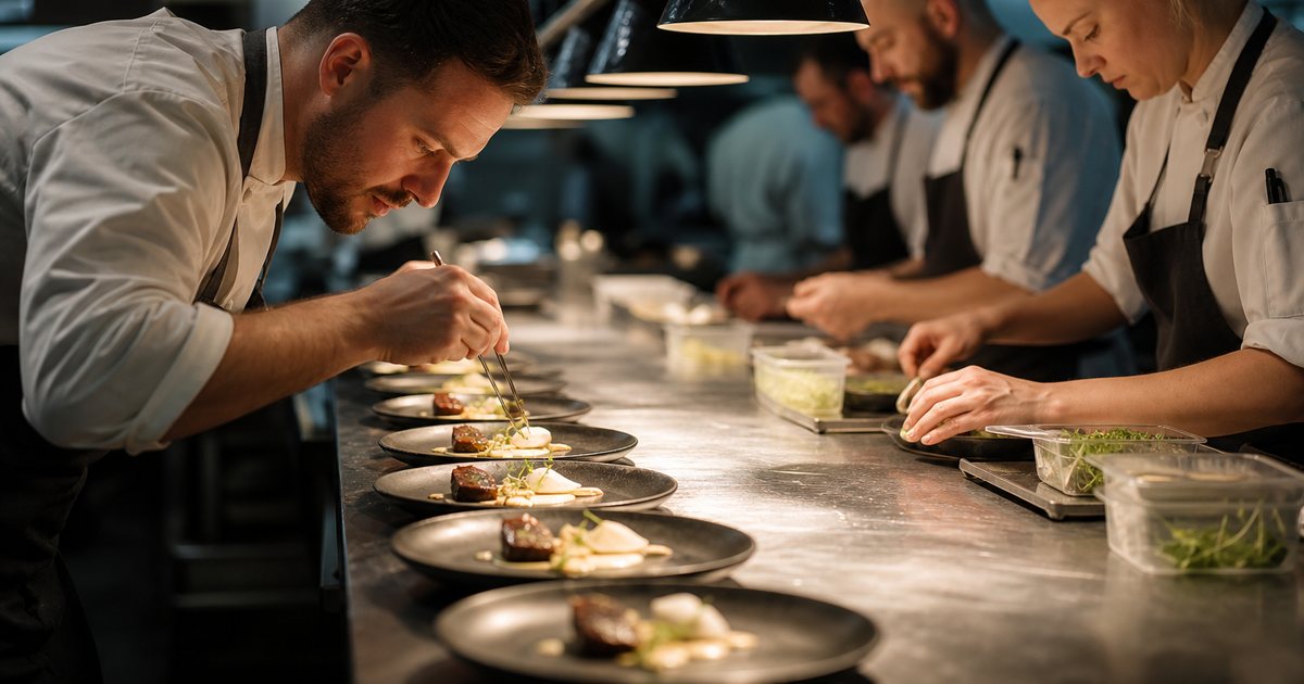 Fine dining kitchen line with cooks plating a sequence of small tasting-menu courses under heat lamps at the pass, a chef inspecting a plate with tweezers, dim elegant lighting