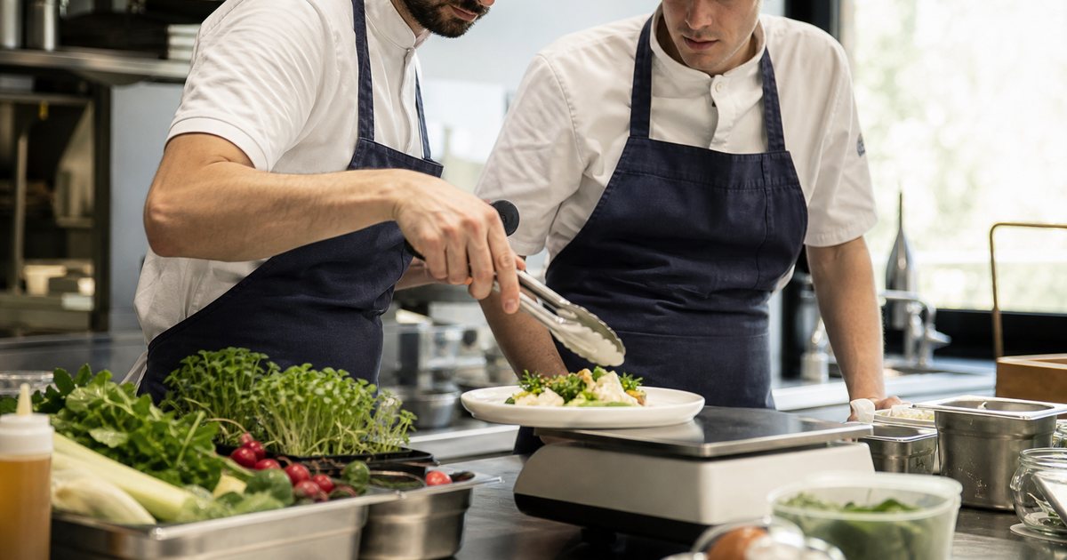 Two cooks in a bright restaurant kitchen plating a dish at a stainless steel pass, one holding tongs above a white plate, fresh vegetables and a digital scale on the counter, daylight coming through a window at the side