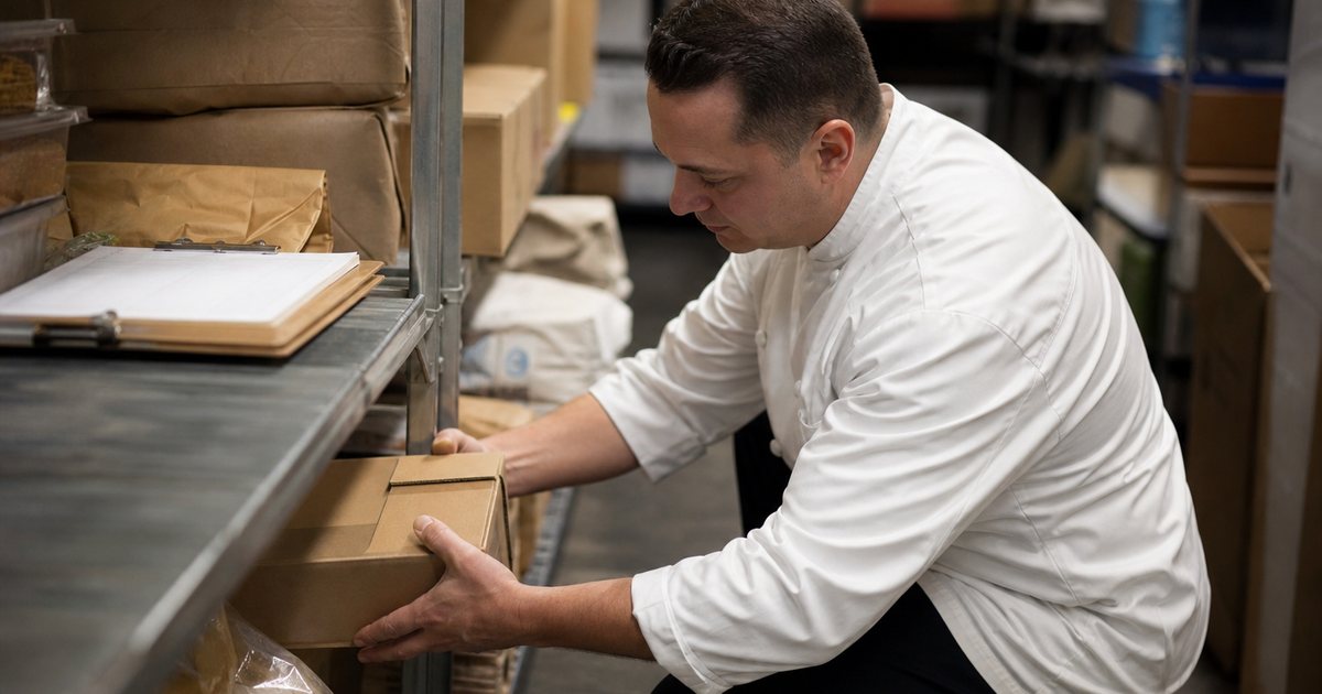 A chef in a white coat kneeling in a restaurant dry storage room, lifting a plain unlabeled cardboard case from a metal shelf stacked with sacks and cases, warm overhead lighting, clipboard resting on a nearby shelf