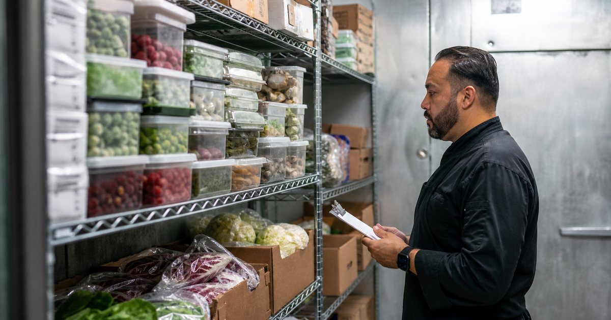 Kitchen manager with a clipboard counting cases on metal shelving inside a walk-in cooler, labeled containers and produce boxes stacked neatly, cool fluorescent light